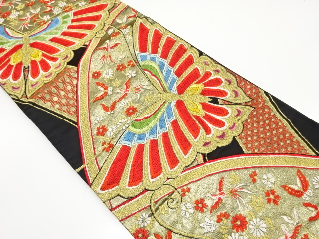 JAPANESE KIMONO / ANTIQUE FUKURO OBI / WOVEN PHOENIX & BUTTERFLY